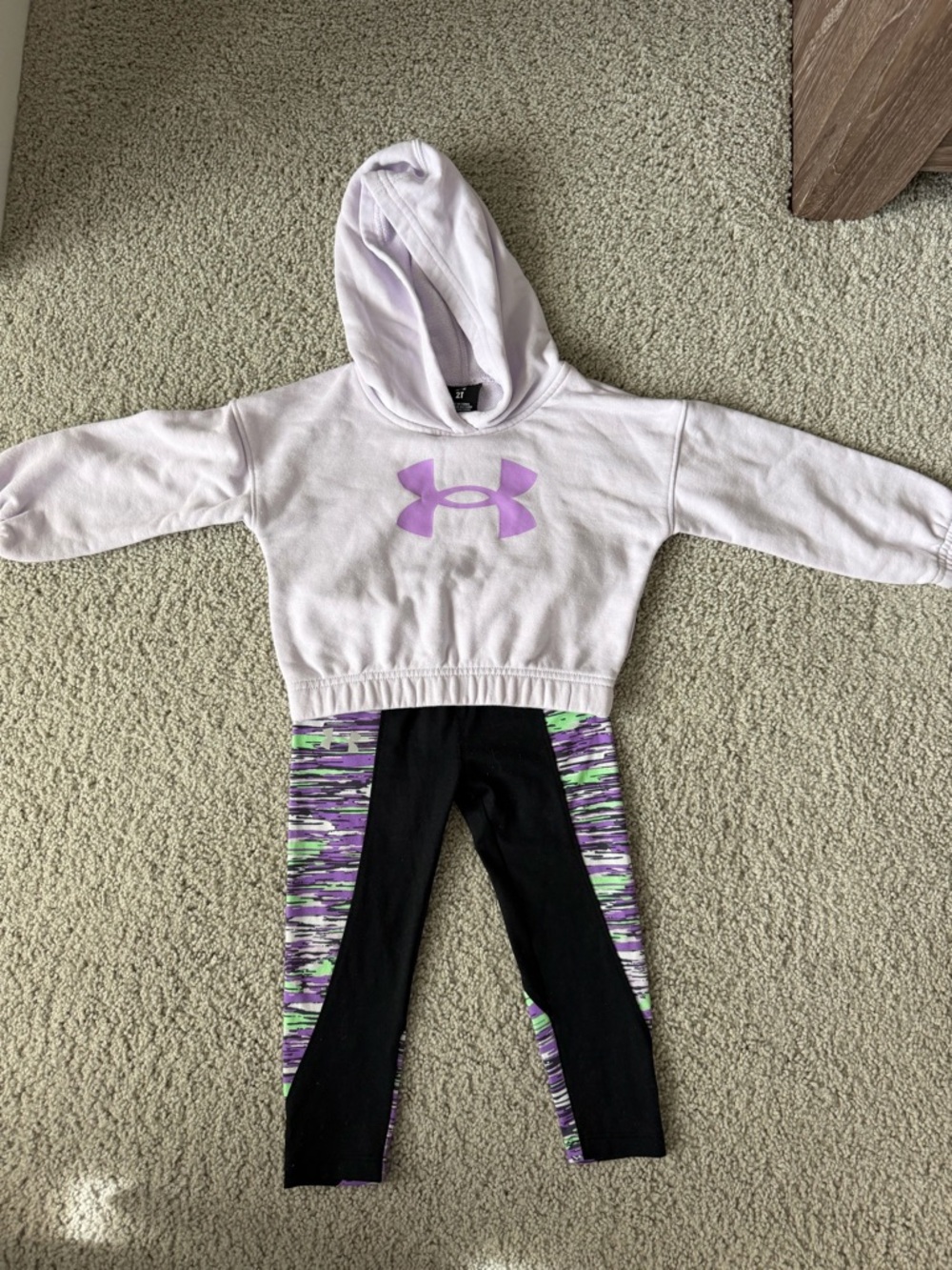 Under Armour Girls Purple Logo Hoodie & Black Purple Green Pattern Leggings Set